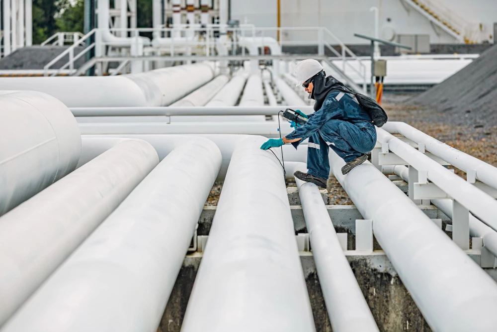 Engineer inspecting pipeline corrosion protection system in UAE industrial facility